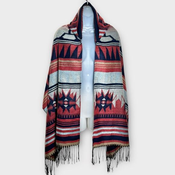 APT 9 Southwestern Fringe Trim Hooded Poncho Wrap one size tribal boho Aztec - Picture 1 of 4